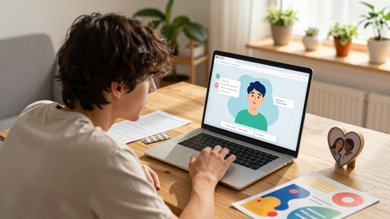 Jovem sentado à mesa usando laptop para consulta médica online, com documentos e remédios ao redor.