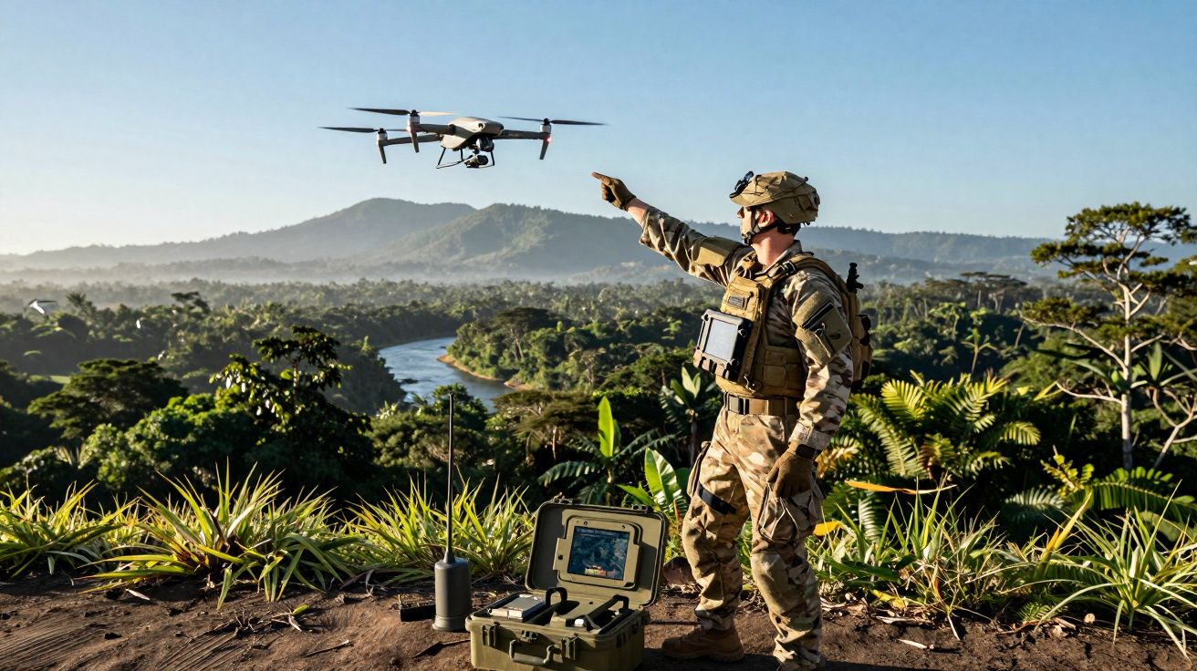Soldado operando drone em área de mata com montanhas e rio ao fundo em ambiente ensolarado.