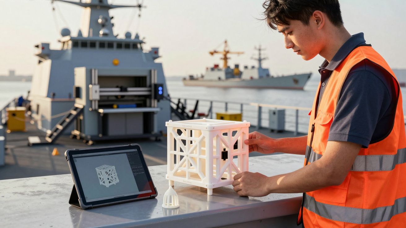 Homem com colete laranja analisa modelo 3D impresso em navegação naval, com tablet ao lado exibindo o projeto digital.