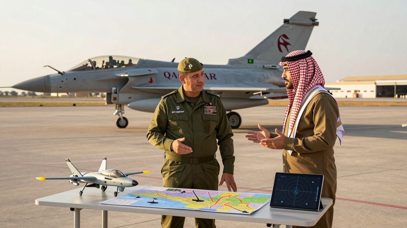 Dois homens discutem plano em mesa com mapa e equipamentos ao fundo jato militar em base aérea.