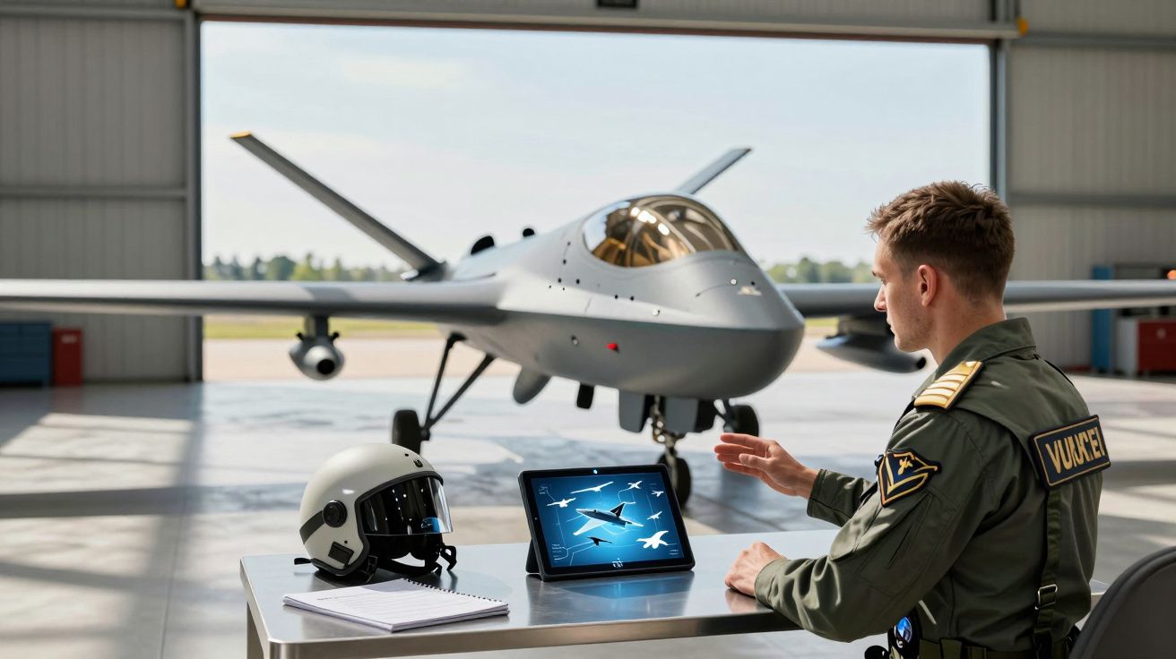 Piloto militar em hangar com drone armado cinza e tablet mostrando imagens de aviões de caça.