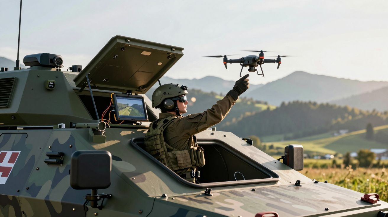 Soldado militar lança drone próximo a veículo blindado em área rural com montanhas ao fundo.