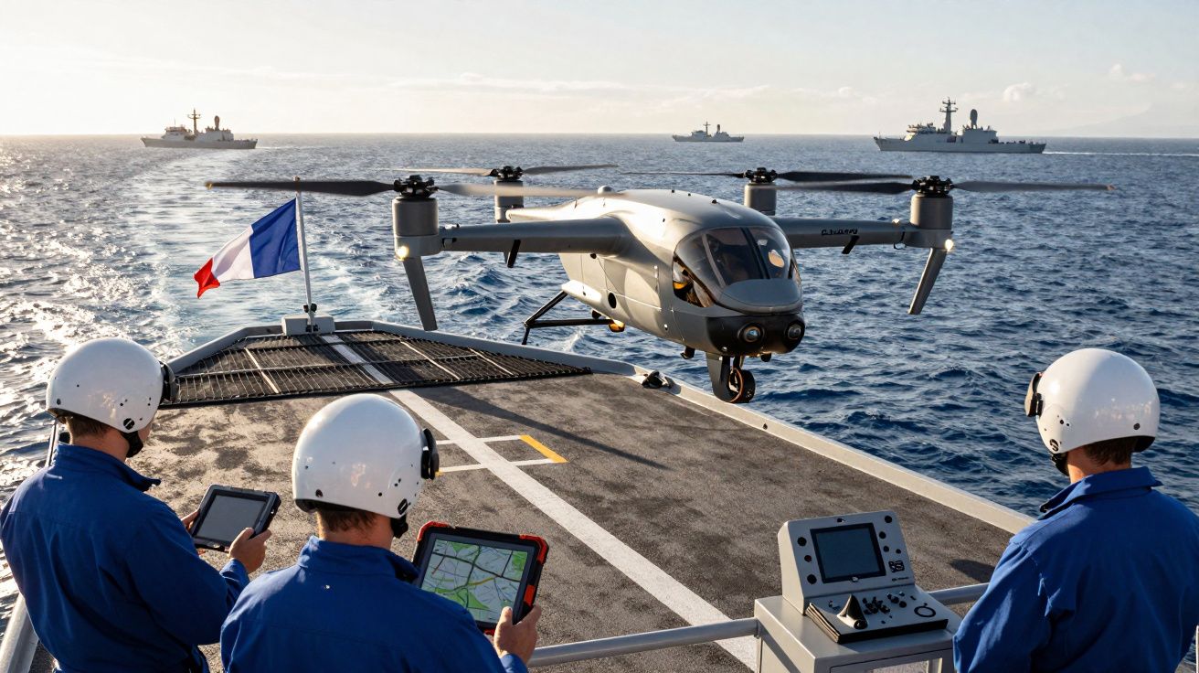 Drone militar sendo controlado por tripulação de marinha francesa em navio no mar aberto.