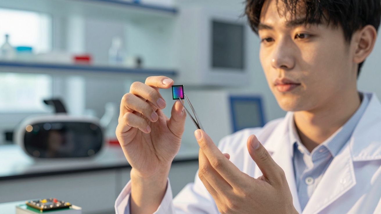 Cientista segurando pequeno chip colorido com pinça em laboratório tecnológico moderno.