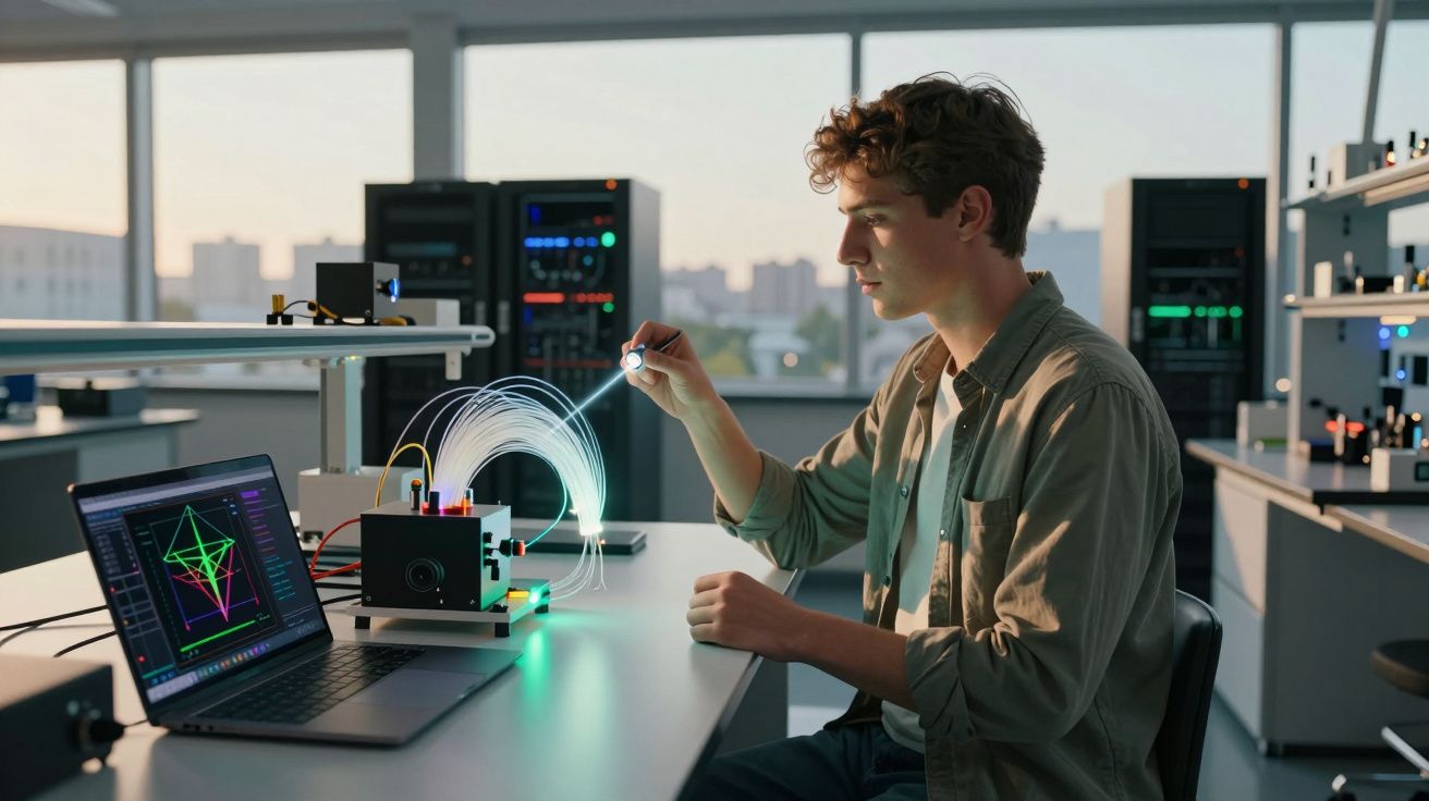Jovem cientista trabalha com equipamento de fibra óptica em laboratório tecnológico moderno.