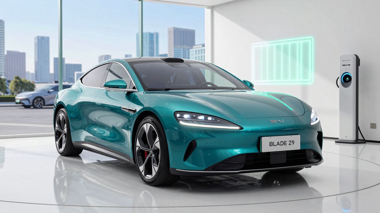 Carro elétrico verde modelo Blade Z9 em showroom moderno com estação de recarga ao fundo.