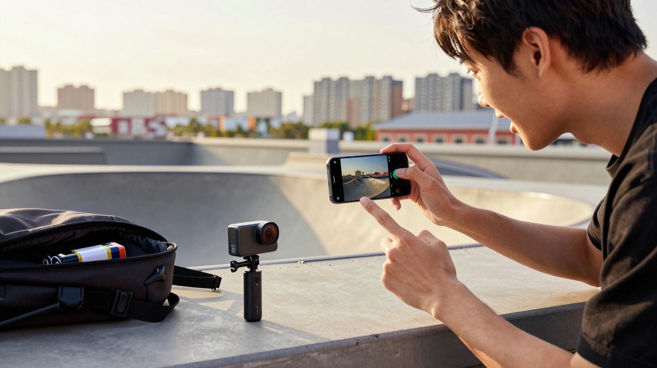 Homem usando smartphone para tirar foto de câmera de ação em suporte em pista de skate ao ar livre.