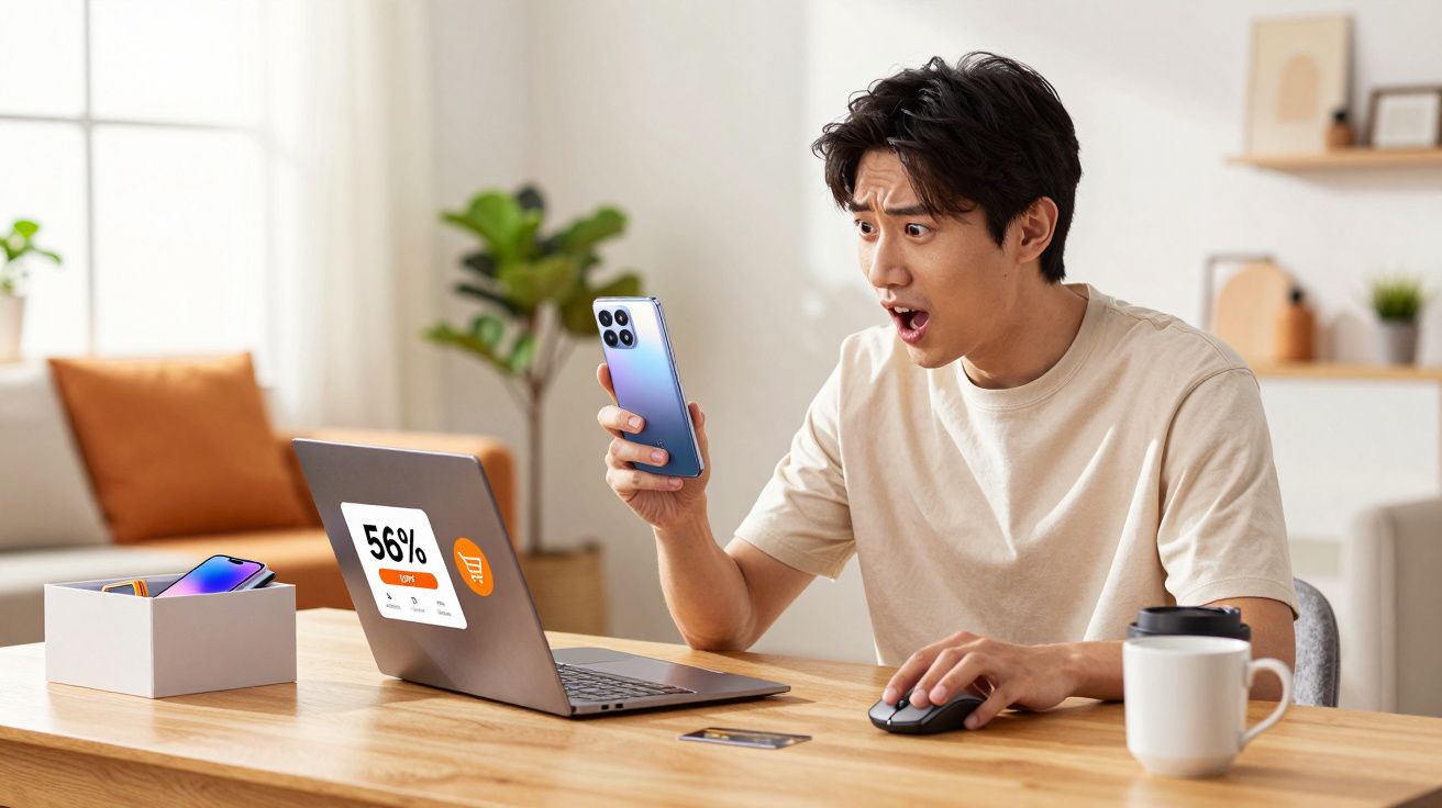 Homem surpreso olhando para celular enquanto usa laptop com símbolo de compra online aberto na tela.