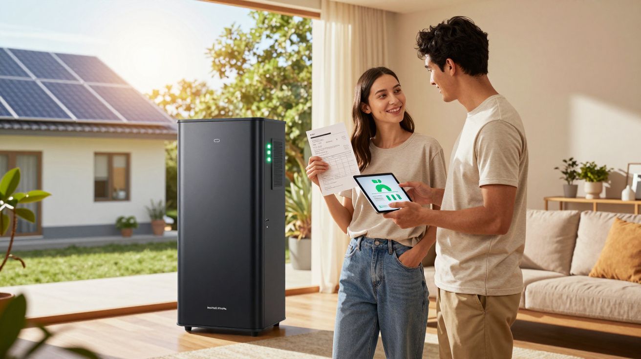 Casal analisando conta de energia e consumo, com painel solar visível pela janela da casa.