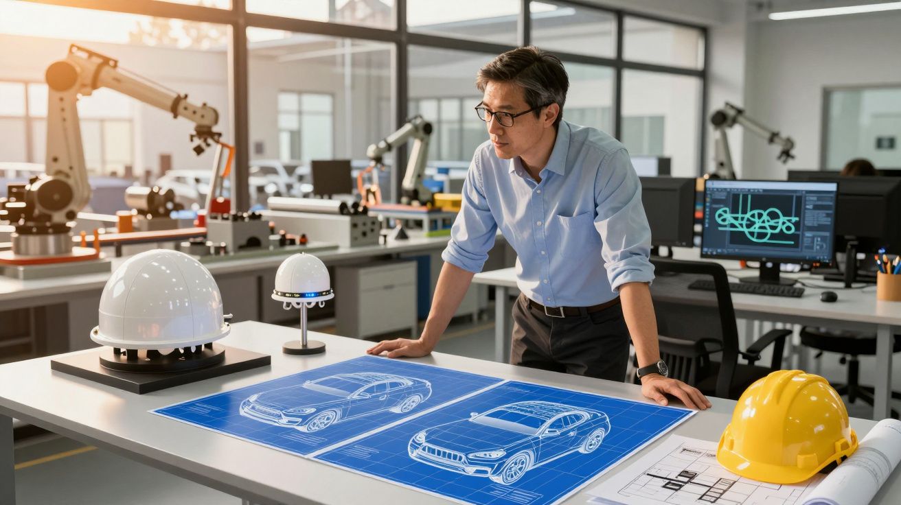 Engenheiro observando plantas de carros em mesa com capacete, robôs e computadores ao redor.