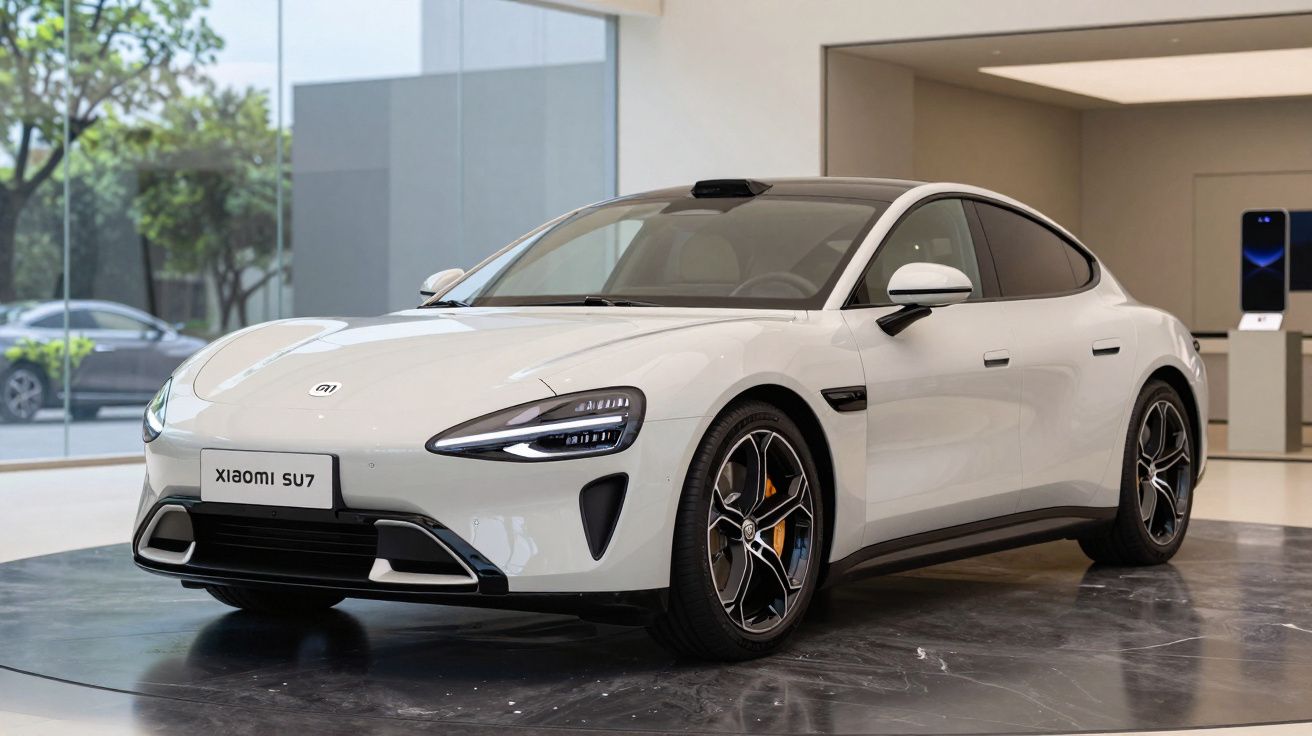 Carro elétrico esportivo branco Xiaomi SU7 exibido em showroom moderno com piso brilhante.