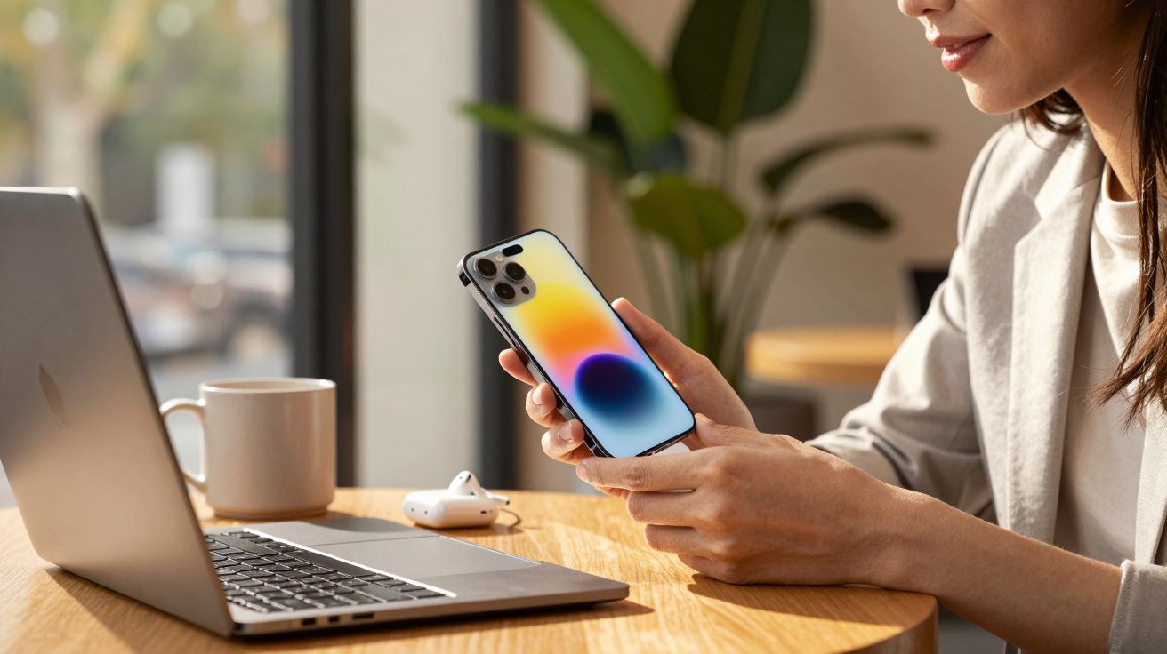 Pessoa segurando um smartphone ao lado de um notebook e fone sem fio sobre uma mesa em ambiente interno.