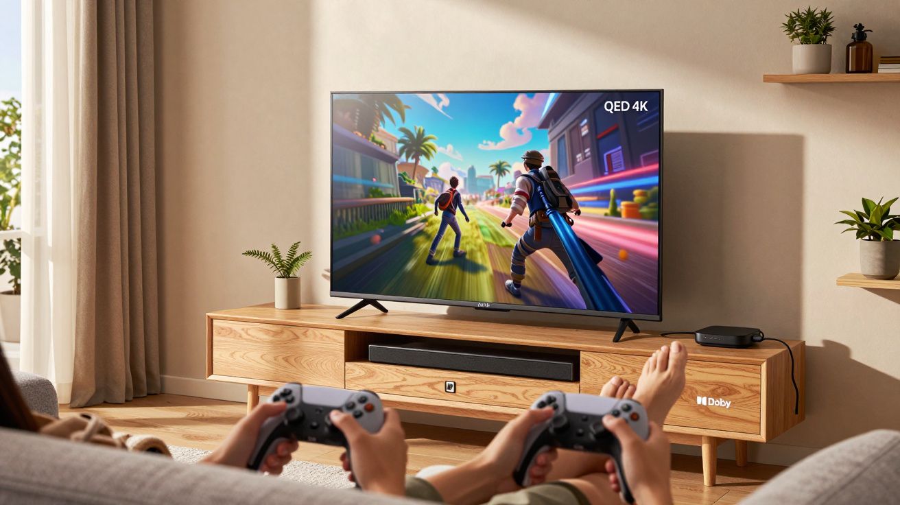 Duas pessoas jogando videogame em TV QED 4K em sala de estar com móveis de madeira clara e plantas.