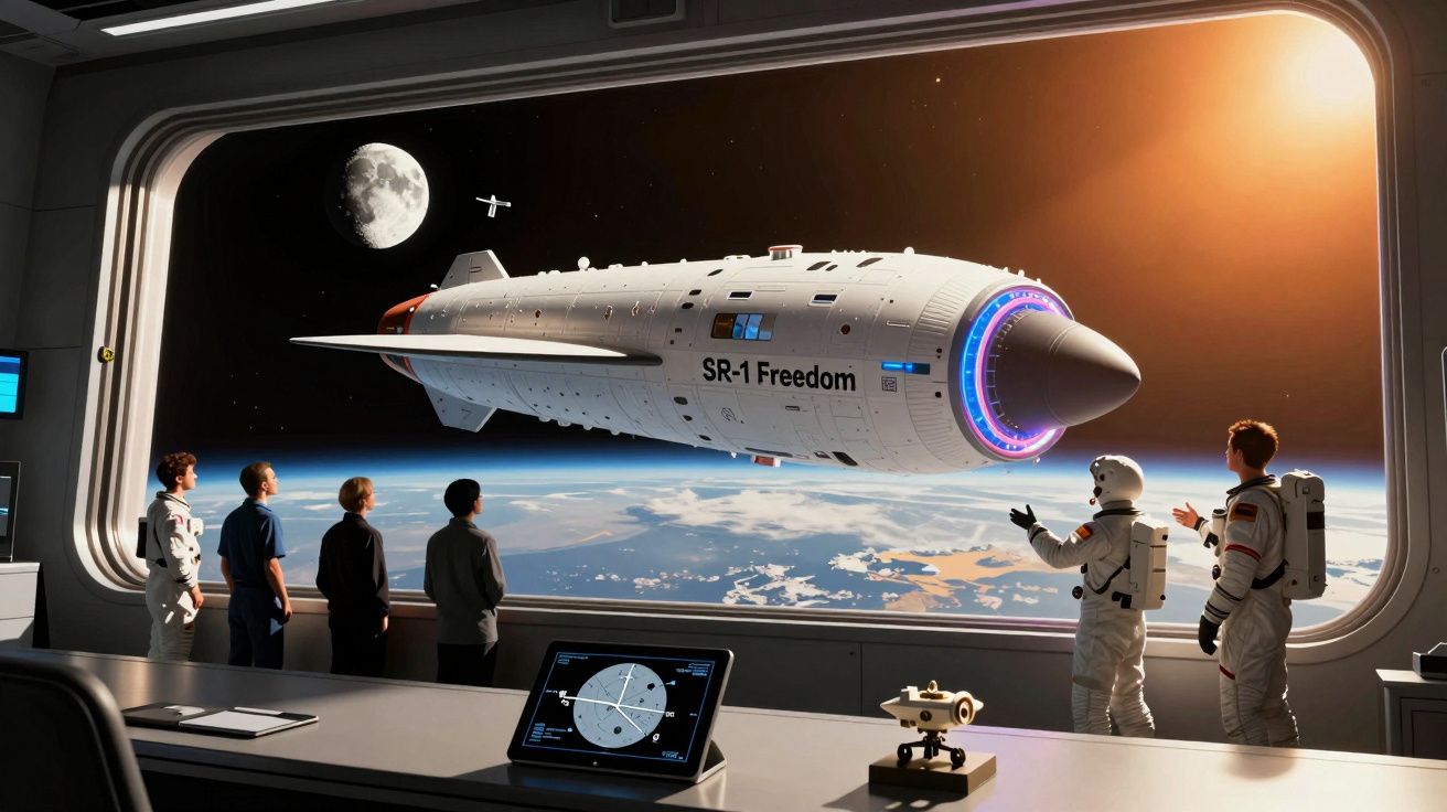 Interior de nave espacial com seis pessoas observando a nave SR-1 Freedom no espaço com a Terra ao fundo.