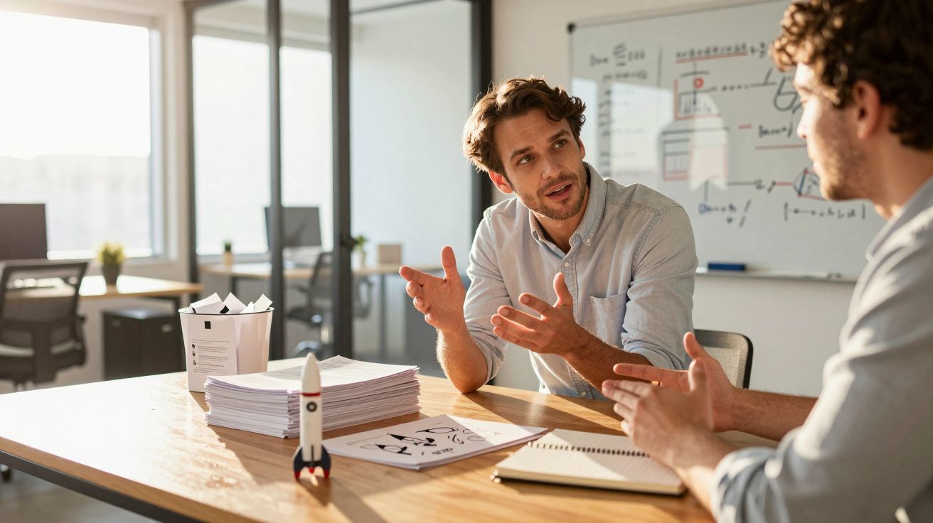 Dois homens conversando em escritório, com papéis e miniatura de foguete sobre a mesa.