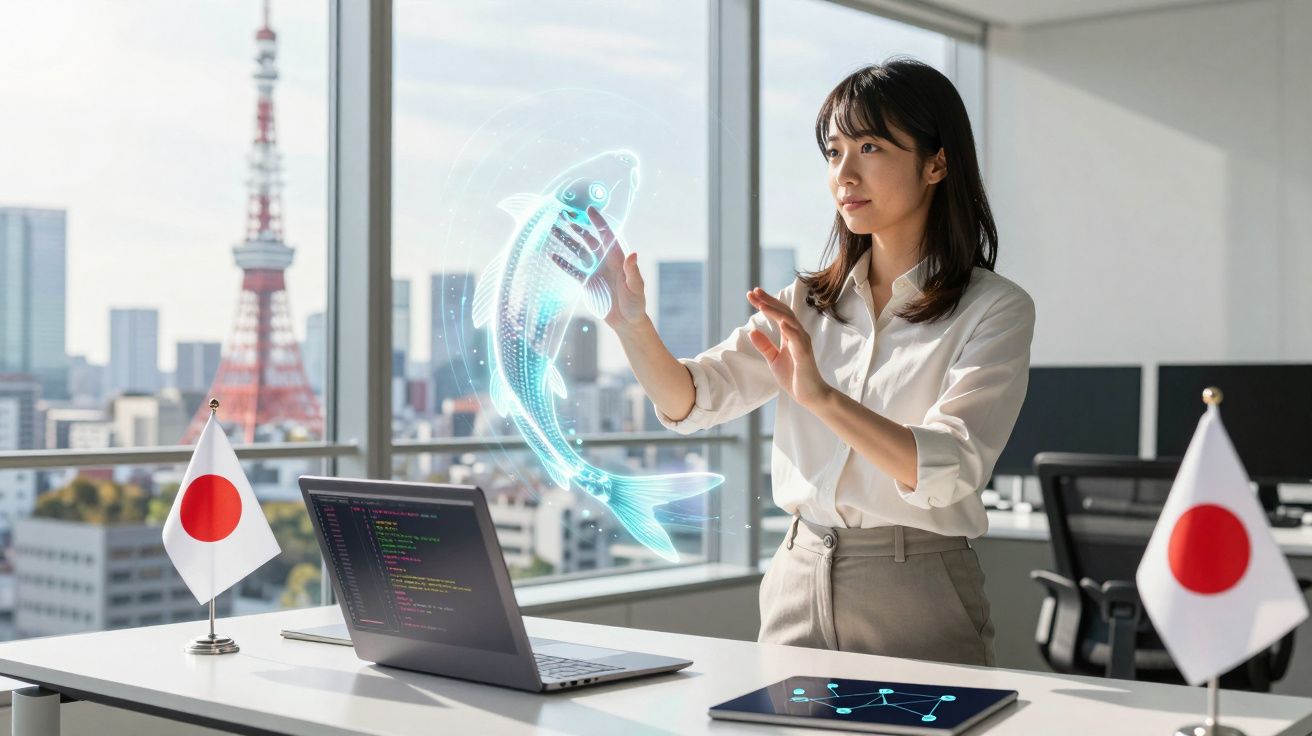 Mulher interagindo com holograma de peixe azul em escritório moderno com vista para a Tokyo Tower.