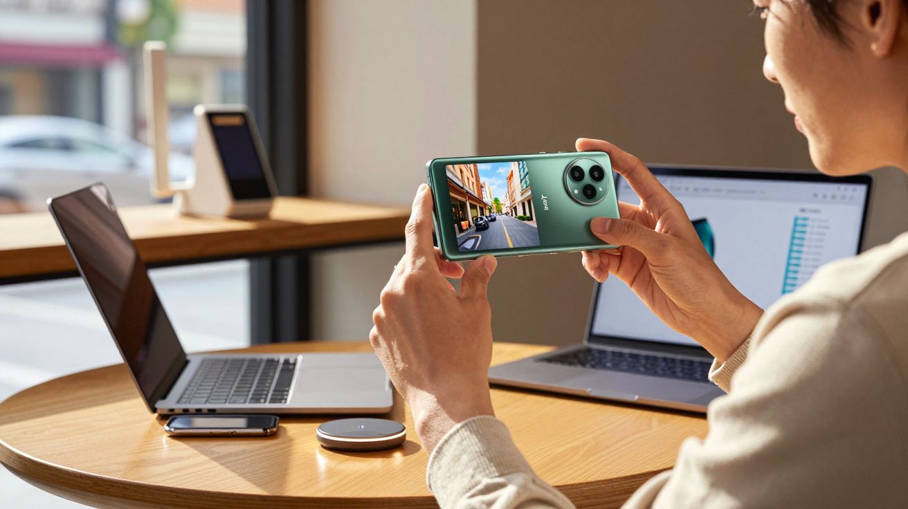 Pessoa segurando smartphone verde com câmera tripla, exibindo foto de rua, ao lado de dois laptops em mesa redonda.