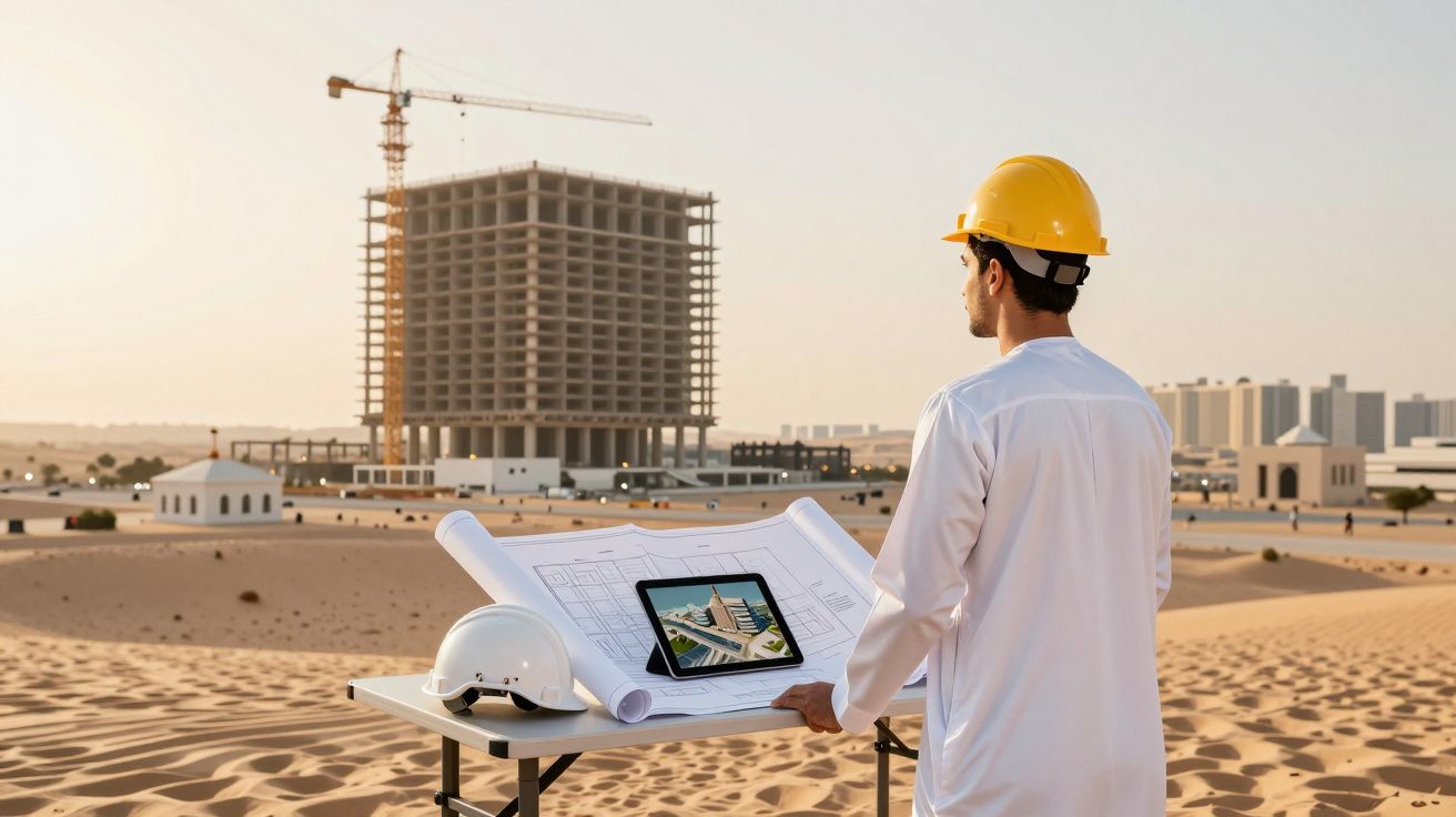 Engenheiro em capacete amarelo observa obra de prédio ao lado de planta e capacete em mesa no deserto.