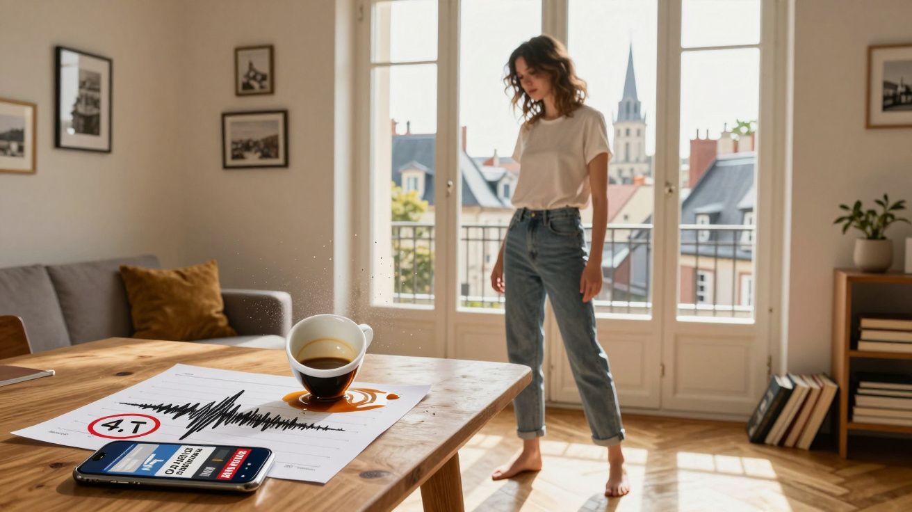 Mulher descalça em ambiente claro observa xícara de café que derramou sobre gráfico em mesa de madeira.