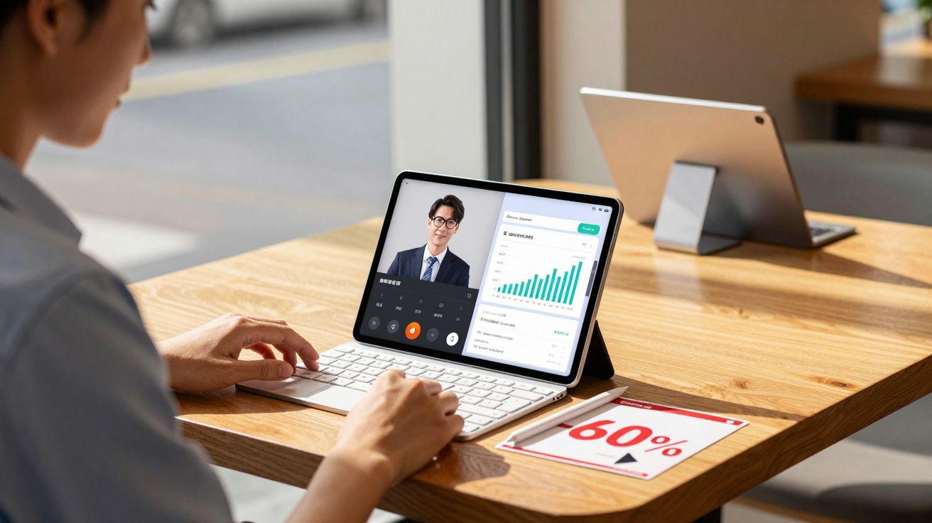 Pessoa em vídeo chamada usando tablet com gráfico de crescimento em mesa de madeira clara.