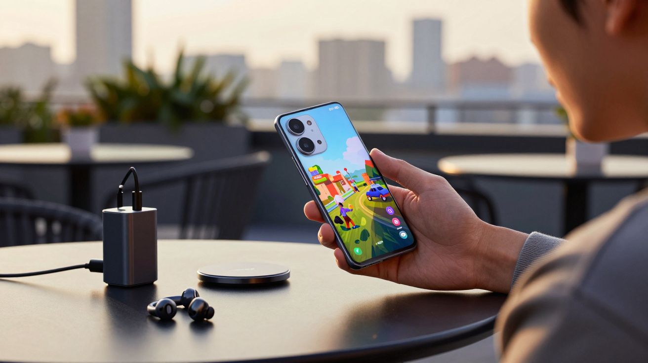 Pessoa segurando smartphone com carregador sem fio, fones de ouvido e carregador portátil sobre mesa externa.