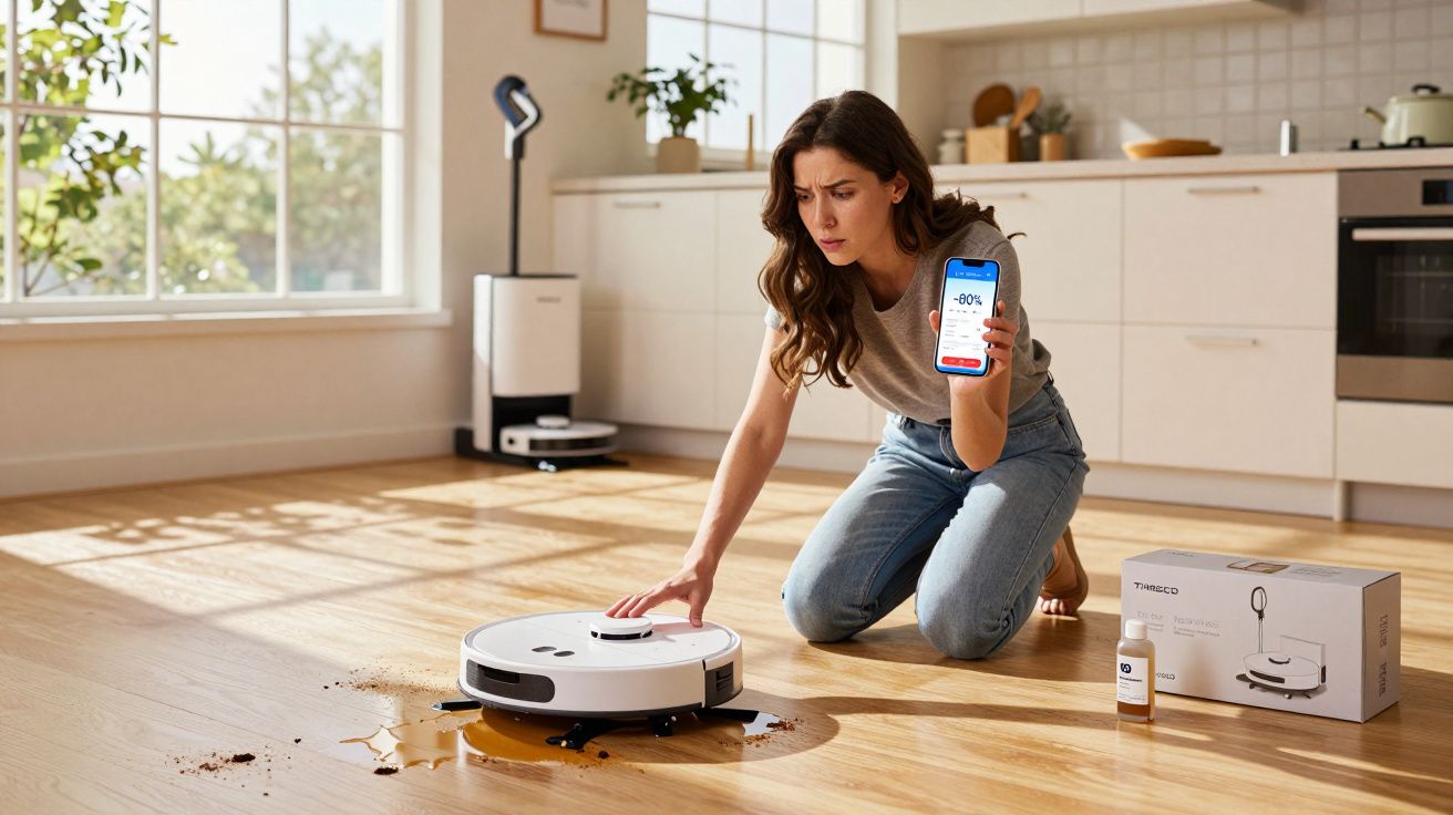 Mulher preocupada mostra celular enquanto robô aspirador limpa líquido e sujeira no chão da cozinha.