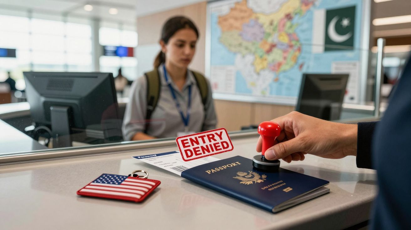Carimbo "Entrada negada" em passaporte americano no controle fronteiriço com mulher ao fundo.