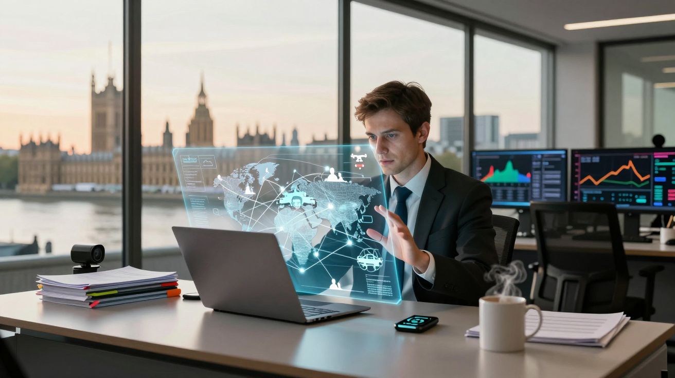 Homem de terno interage com holograma de mapa mundial em escritório moderno com vista para prédios históricos.