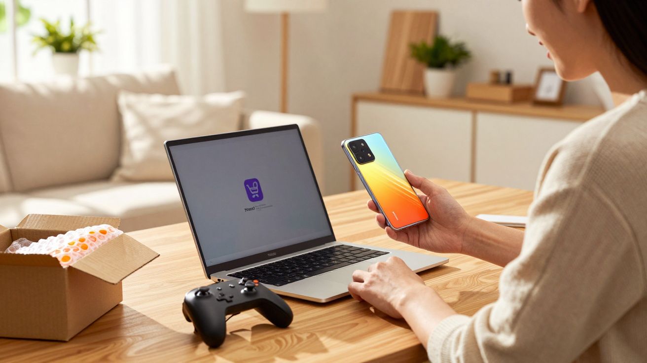 Pessoa segurando smartphone colorido ao lado de notebook aberto e controle de videogame em mesa de madeira.