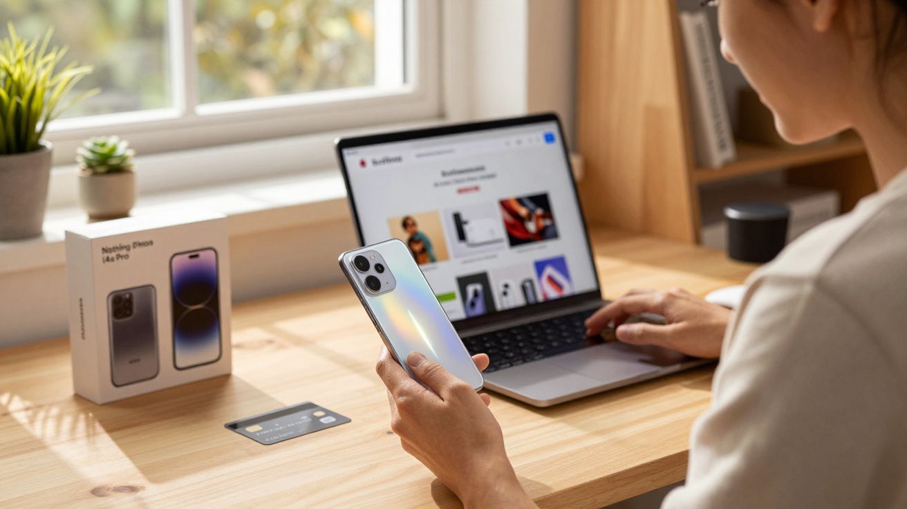 Pessoa usando smartphone prateado e laptop em mesa de madeira perto de janela com plantas.