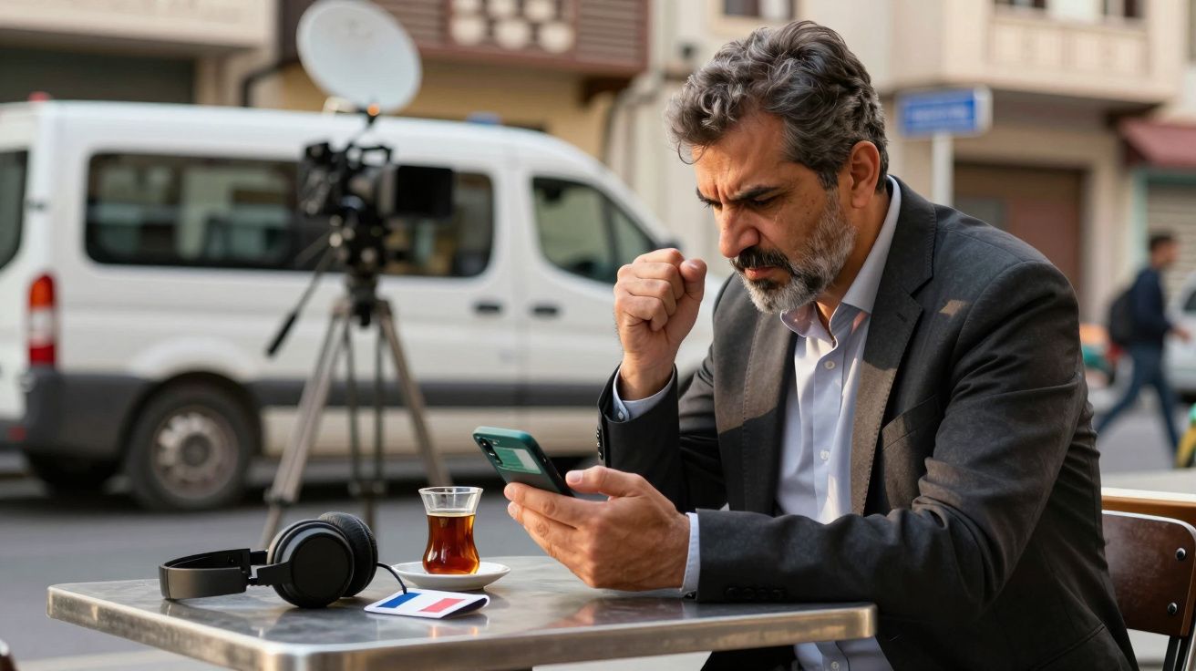 Homem de terno olhando para celular com expressão de foco, sentado em mesa com chá, fones e cartões.