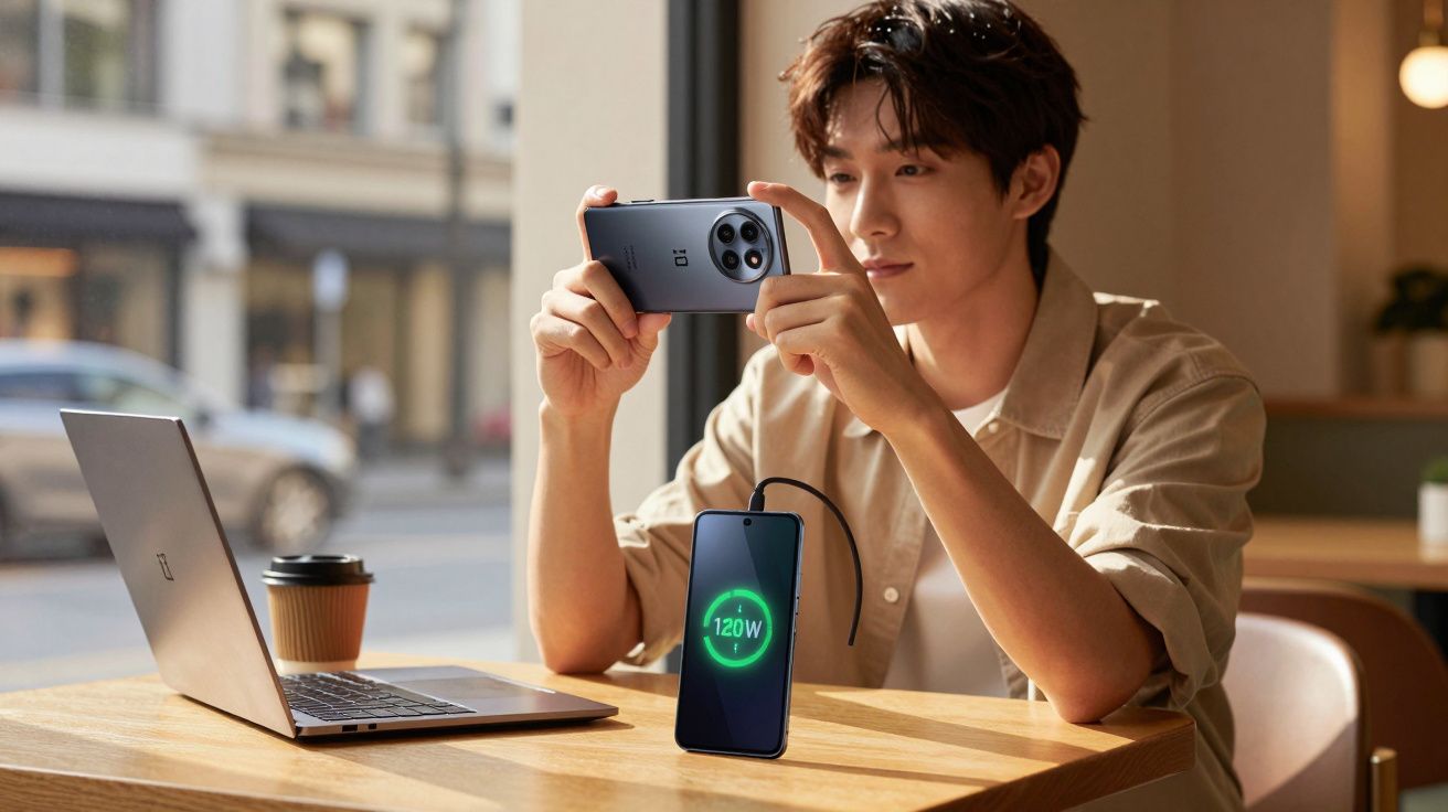 Homem usando smartphone que recarrega com 120W enquanto está sentado à mesa com laptop e café.