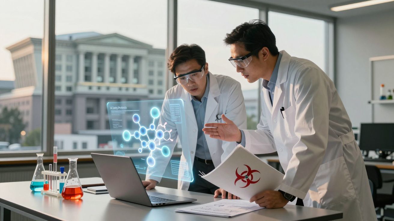 Dois cientistas asiáticos com jalecos e óculos de proteção analisam dados holográficos em laboratório moderno.