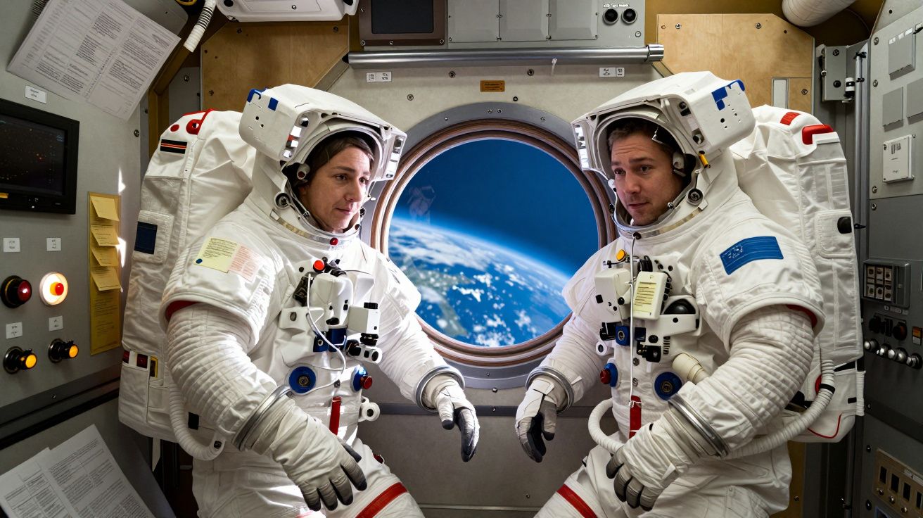 Dois astronautas em trajes espaciais dentro de estação com vista da Terra pela janela circular.
