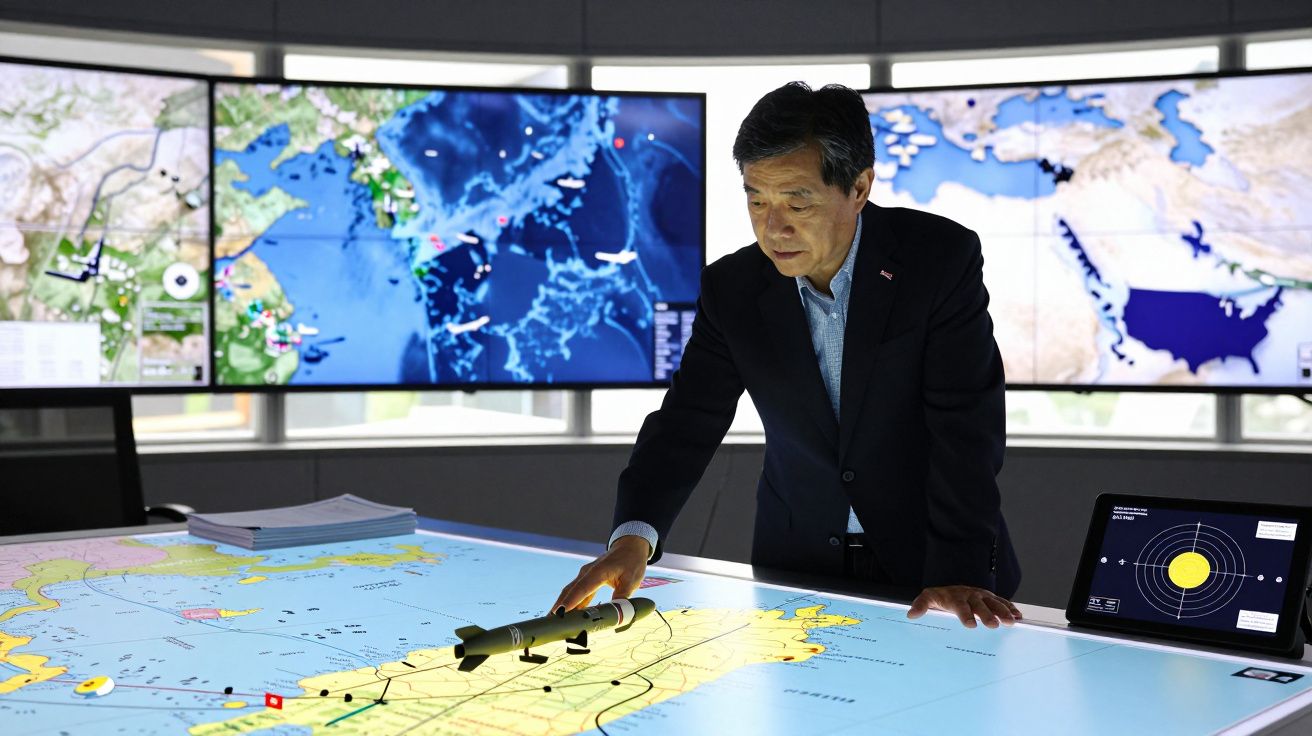 Homem em terno interage com mapa digital em mesa, com telas grandes de mapas ao fundo em sala de comando.