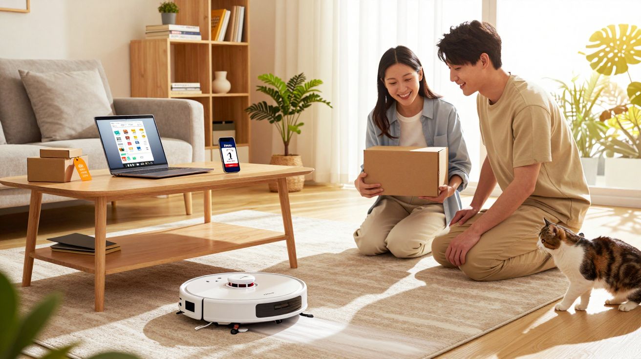 Casal sorridente com gato abrindo caixa em sala iluminada com robô aspirador e laptop na mesa.