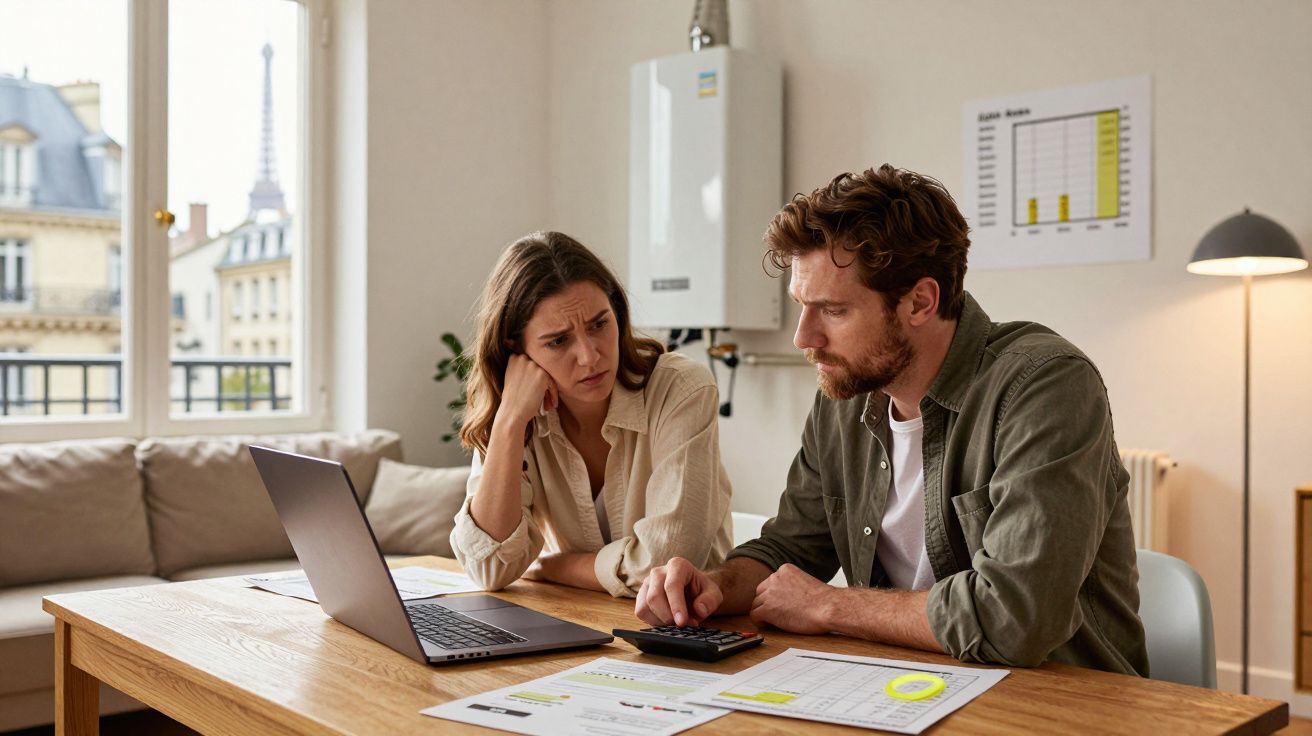 Casal sentado à mesa revisando finanças com laptop e documentos, expressão de preocupação.
