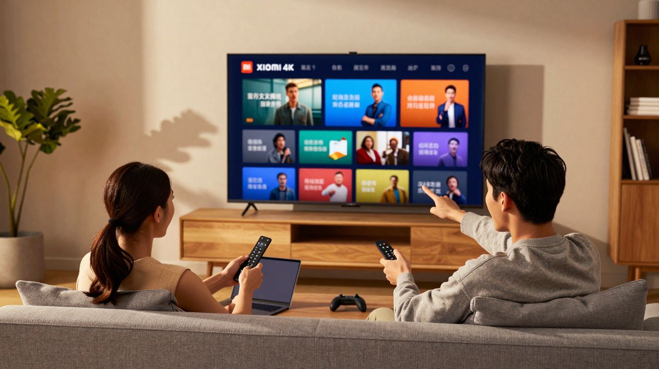 Casal sentado no sofá controlando televisão Xiaomi 4K com controles remotos em sala moderna.