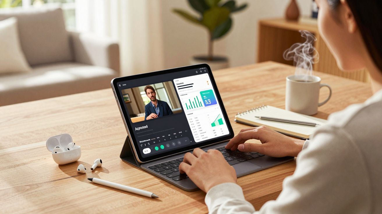 Pessoa participando de videoconferência e analisando gráficos em tablet com teclado em mesa de madeira.