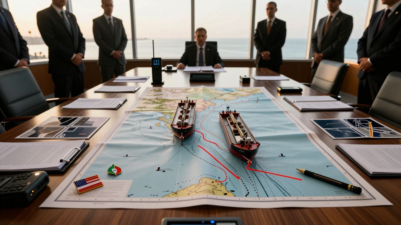 Sala de reunião com homens de terno e mesa com mapa e dois modelos de navios em miniatura.