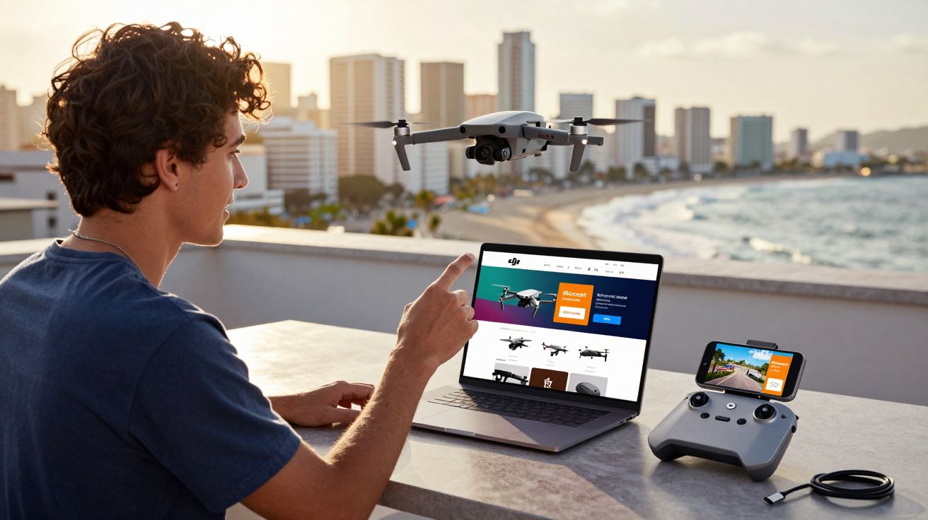 Homem com drone, laptop e controle remoto em mesa ao ar livre com vista para praia e prédios ao fundo.