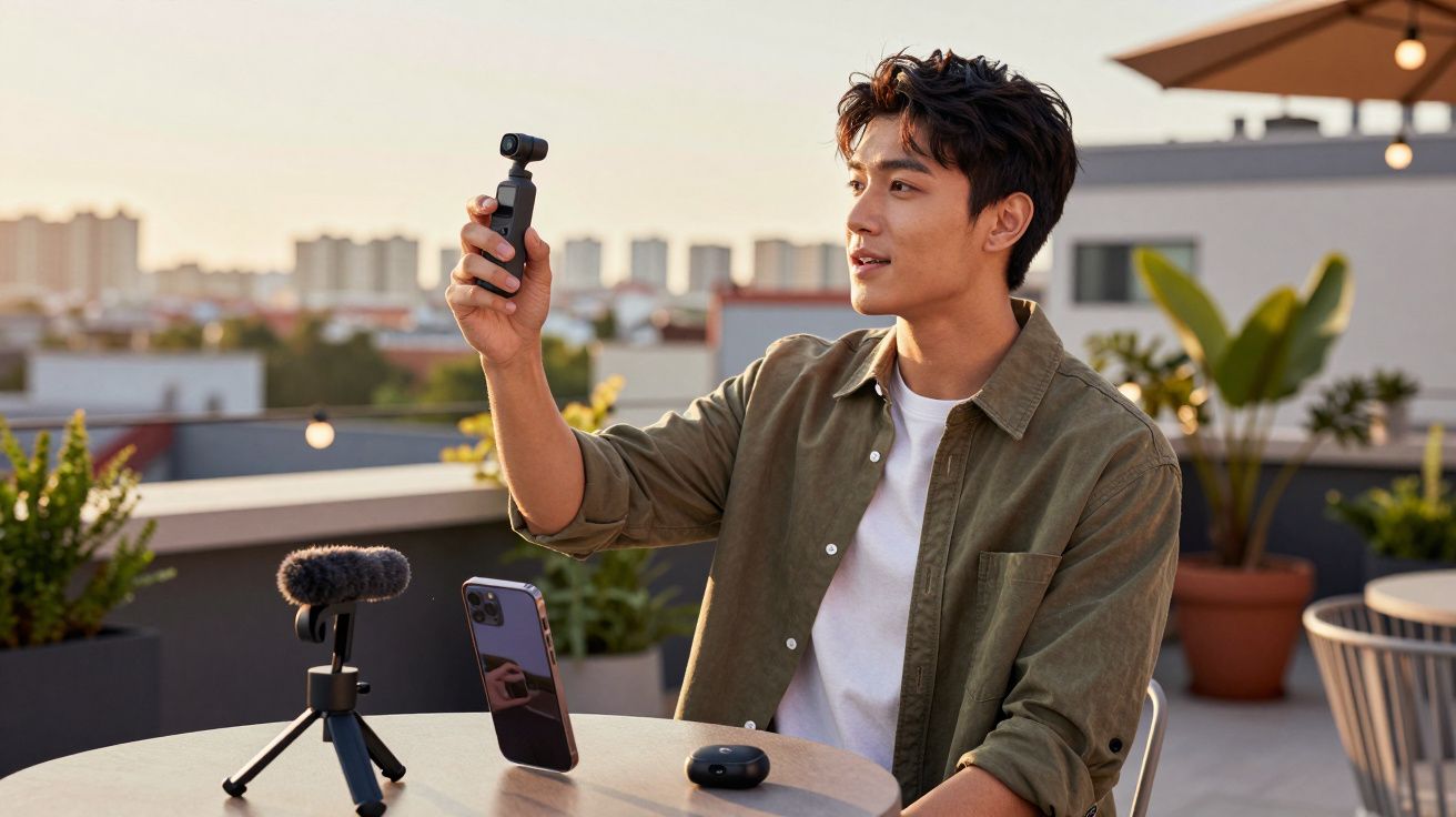 Homem sentado em varanda com dispositivos eletrônicos, segurando câmera portátil para gravação.