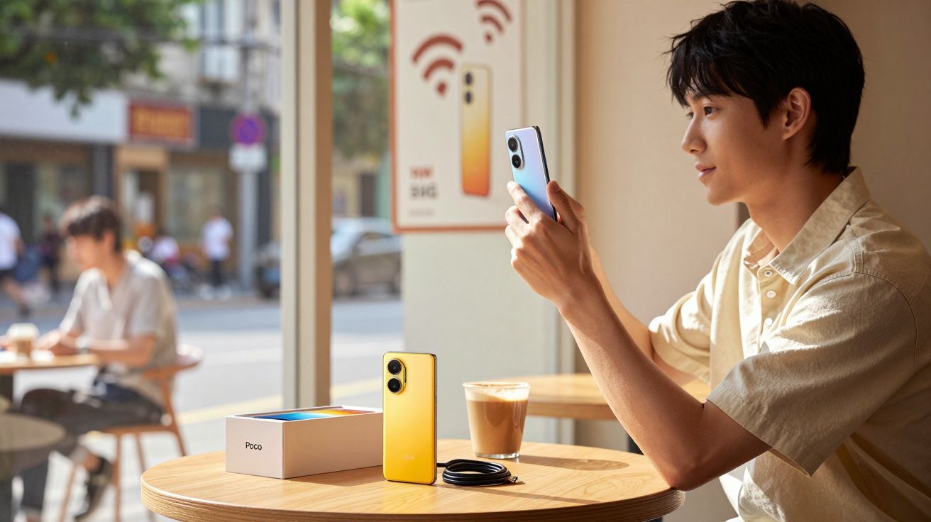 Homem usando smartphone azul em cafeteria, com celular amarelo, caixa e café em mesa de madeira.
