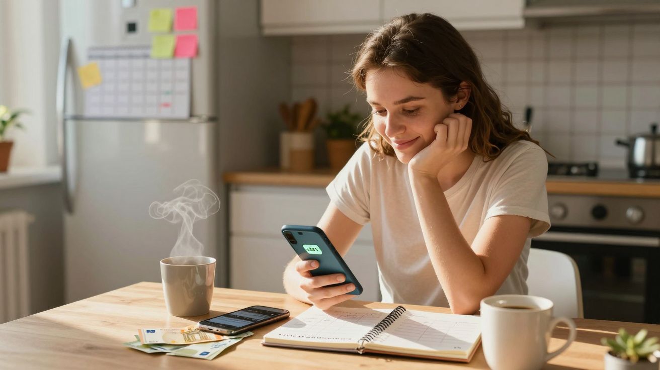 Mulher sorrindo usando celular enquanto estuda com caderno aberto em mesa com café e dinheiro.