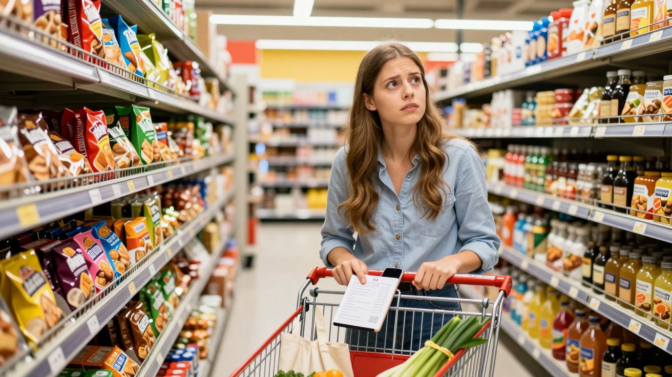 Mulher com lista de compras no carrinho em corredor de supermercado olhando prateleira pensativa.