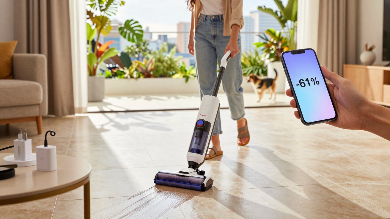Pessoa usando aspirador elétrico em piso de sala enquanto outra segura celular com tela mostrando -61%