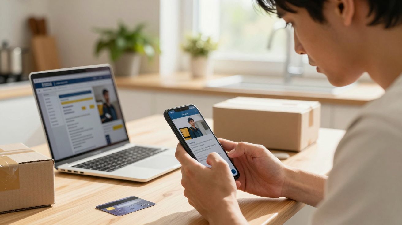 Pessoa usando celular para navegar em site de compras, com laptop e caixas ao redor em mesa de madeira.