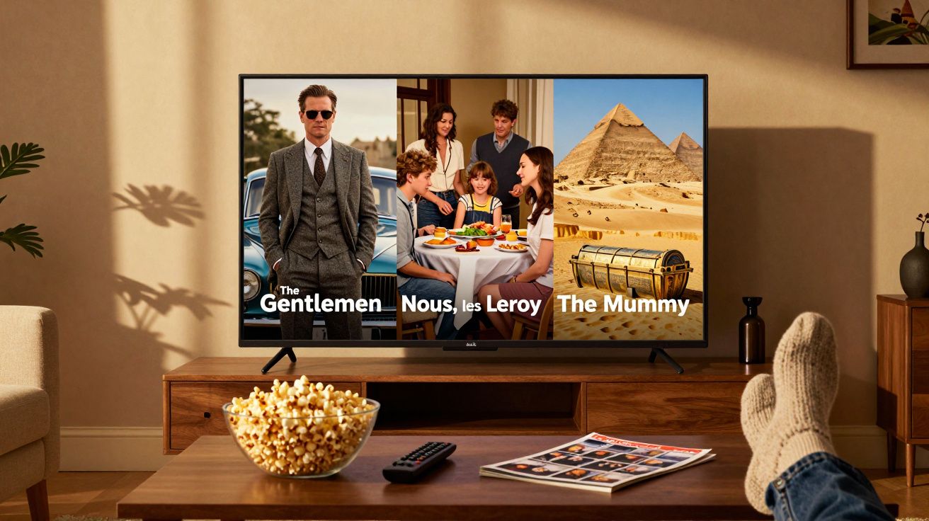 Sala de estar com TV exibindo filmes, mesa com balde de pipoca e pessoa com pés apoiados.