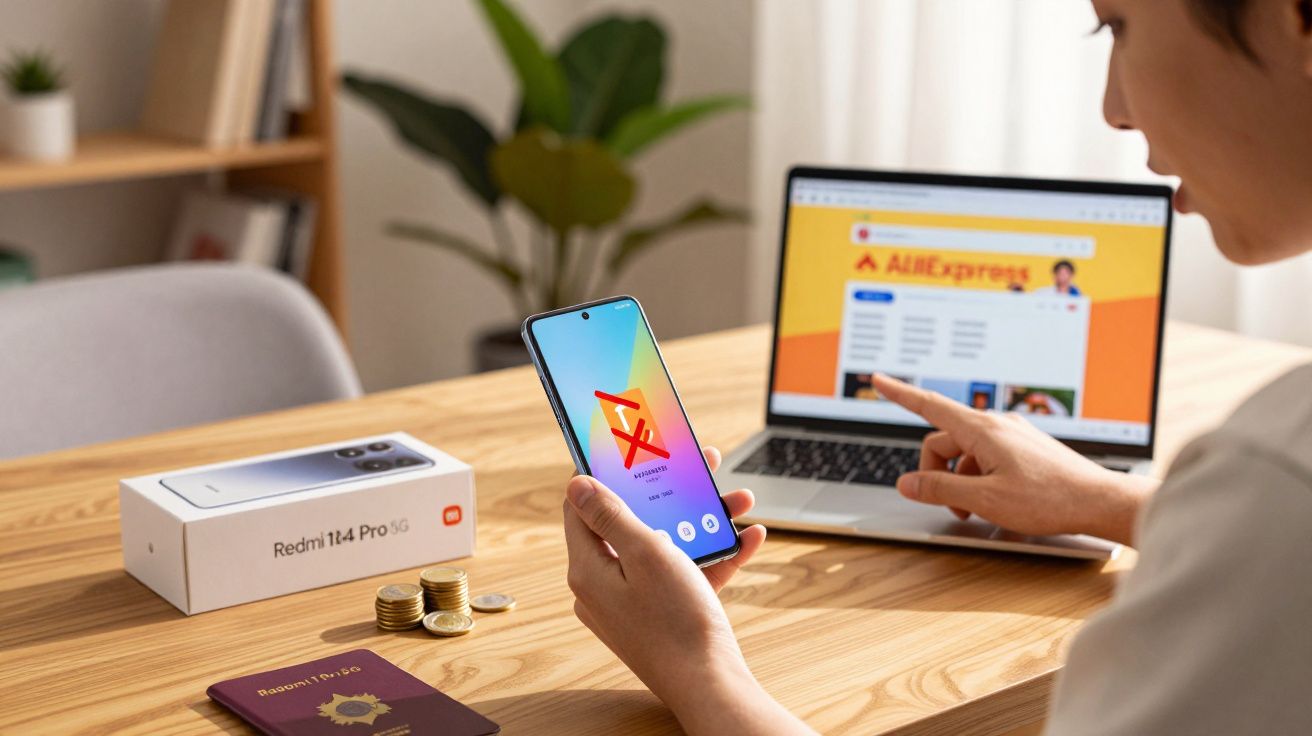 Pessoa segurando smartphone com aplicativo do AliExpress aberto, laptop e caixa do Redmi 11 4 Pro sobre mesa.