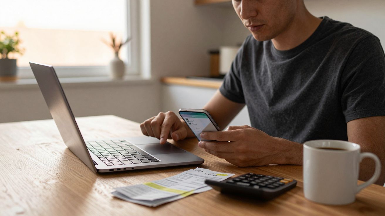 Pessoa sentada à mesa usando celular e laptop para organizar contas com calculadora e caneca ao lado.